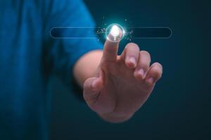 Information data search technology, search optimization, male hand using voice search, using the search bar function on your website, big data, automatic operation photo