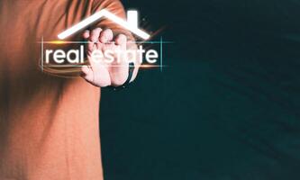 Planning and strategy, stock market, business growth, progress or success concept, businessman or trader showing real estate stock Virtual holograms, invest in stock market trading or digital assets. photo