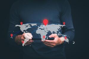 Connecting, communicating, and exchanging with global network cloud data internet technology. Using wireless data with high-speed technology for economic, scientific, and financial development. photo