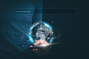 The concept of using digital media, technology, Surfing the world online, males using AI-powered smartphones to command or use social media, remote working concept, working from home via the internet photo