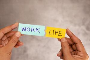Work Life Balance Copceptual Photo, Hand try to Connect 2 Words, to Balancing a Life photo