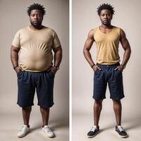 An African man in tank top and shorts before and after workout photo