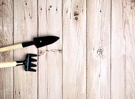 Small shovel and fork rake gardening tool with wooden handle and metal material. Object photography isolated on horizontal ratio wooden surface background. photo
