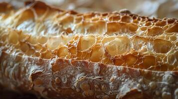Crusty Baguette, rugged texture of the crust and the intricate structure of the interior photo