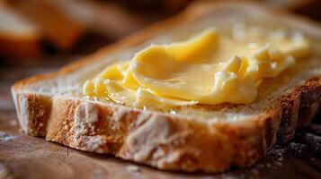 Bread with Butter, a slice of bread with a thick layer of creamy butter melting into it photo