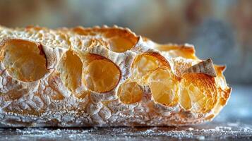 Crusty Baguette, rugged texture of the crust and the intricate structure of the interior photo