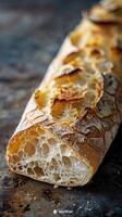 Crusty Baguette, rugged texture of the crust and the intricate structure of the interior photo