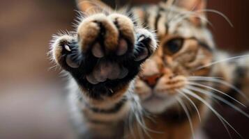 A close-up of a cat's paw in motion, such as reaching out to touch or play with an object photo