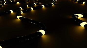 Dark background.Design. Bright light lines with a golden sheen in abstraction move around the footage like snakes. video
