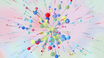 Colorful balls move to center. Motion. Abstract animation in biology or physics with bright balls. Colorful balls move like molecules and disappear in center video