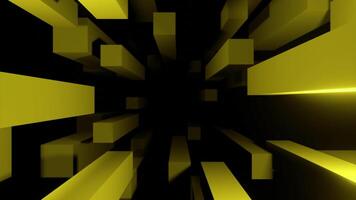 Abstract 3D yellow bars flying far in the distance on a black background, seamless loop. Design. Rectangular shaped lines. video