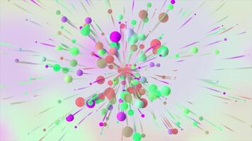 Colorful balls move to center. Motion. Abstract animation in biology or physics with bright balls. Colorful balls move like molecules and disappear in center video