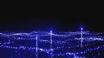 Particle animation of ocean with wind and waves. Motion. Abstract glowing river of tiny stars or dots with flying comets, concept of magic. video