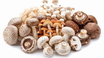 A selection of colorful mushrooms like portobello, shiitake, and white button mushrooms photo