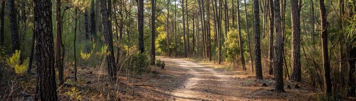Forest Trail, a scene of a forest trail winding through tall trees with dappled sunlight filtering through the canopy photo