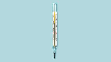 Mercury-in-glass thermometer with temperature mark 40 on blue background flat lay stopmotion animation slow motion video