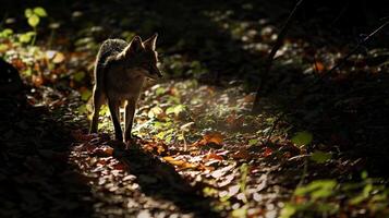 Shadow of a fox cast on the forest floor, with dappled light photo