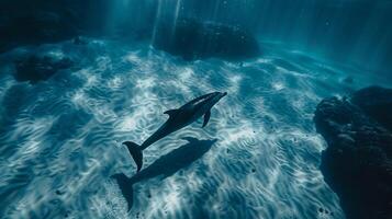 Shadow of a dolphin swimming near the ocean's surface, casting its shadow onto the seafloor photo