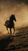 Shadow of a galloping horse on a dusty plain or grassy field photo