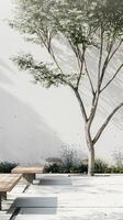 A simple garden seating area with minimalist outdoor furniture, like a sleek bench or chairs, surrounded by sparse greenery photo