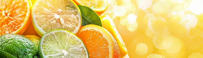 Bright Citrus Party, Citrus-themed party backdrop with a yellow background, oranges, lemons, and limes photo