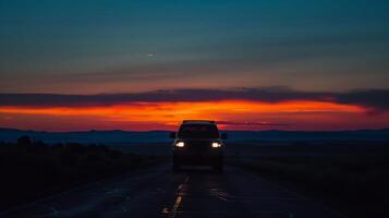 Sunset Cruise, silhouette of a car driving into the sunset on a coastal road with the vibrant colors of the sky photo