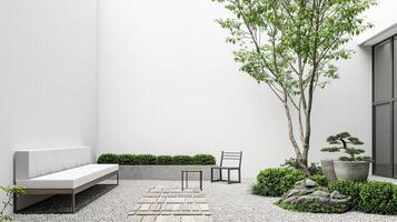 A simple garden seating area with minimalist outdoor furniture, like a sleek bench or chairs, surrounded by sparse greenery photo