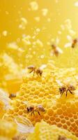 Whimsical honeybee hive backdrop with a yellow background, honeycomb patterns, bee illustrations, and jars of honey photo