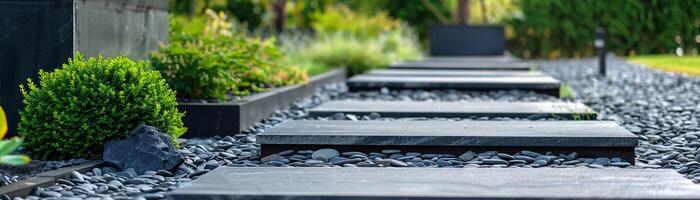 A minimalist garden with a combination of concrete pathways and gravel beds, with a few strategically placed plants photo