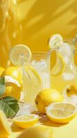 Lemonade stand backdrop with a bright yellow background, pitchers of lemonade, glasses, and lemon slices for a refreshing and summery scene photo