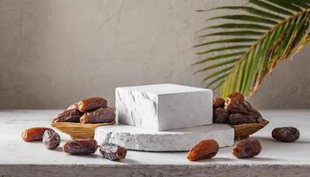 Ramadan promotion concept White stone podium surrounded by dates on white wall background photo