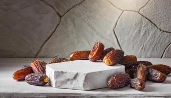 Ramadan promotion concept White stone podium surrounded by dates on white wall background photo