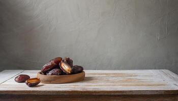 Ramadan promotion concept Dates are on a wooden table with copy space area photo