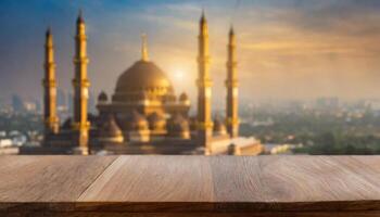 Ramadan promotion concept Empty wooden table with mosque background photo