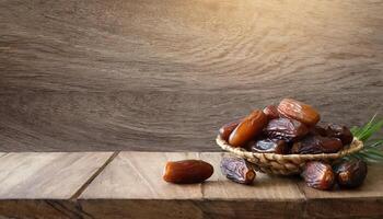 Ramadan promotion concept Dates are on a wooden table with copy space area photo