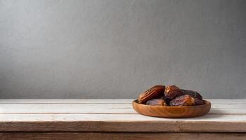 Ramadan promotion concept Dates are on a wooden table with copy space area photo