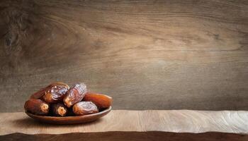 Ramadan promotion concept Dates are on a wooden table with copy space area photo