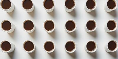 Overhead View Of Many Coffee Cups In Symmetrical Pattern. Array Of Full Coffee Cups. photo