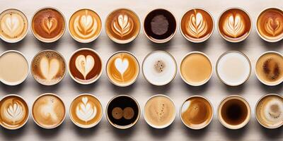 Variety Of Coffee Drinks With Latte Art Patterns On A Wooden Table Top View. photo