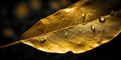 Golden Fall Leaf With Dew Drops On Dark Background. Water Droplets On Autumn Golden Leaf. photo