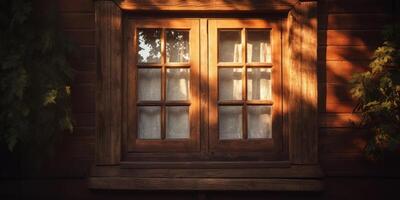 Warm Evening Glow On Wooden Window Pane Of Countryside House. Cozy Rustic Forest Cabin. photo
