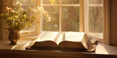 Cozy Reading Corner With Sunlight On Open Book And Vintage Vase. Reading Time By Window With Flowers. photo