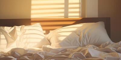 Bedroom with Sunlight From Window Blinds. Relaxing Morning Vibe with Warm Light on Rumpled Bedding. photo