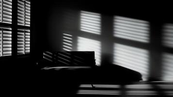 Silhouette Of Couch Under Window Light And Shadows. Contrast Of Light And Dark With Striped Shadows On Sofa. photo