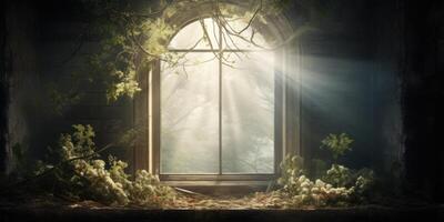 Mystical Sun Rays Shining On Overgrown Ruins Through Gothic Window Frame. photo