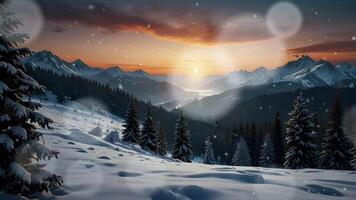 A serene winter landscape at dusk with snow-covered trees in the foreground, a meandering river, majestic mountains, and a full moon above video