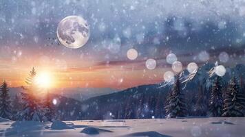 A serene winter landscape at dusk with snow-covered trees in the foreground, a meandering river, majestic mountains, and a full moon above video