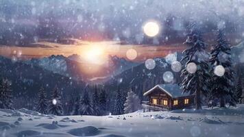 A serene winter landscape at dusk with snow-covered trees in the foreground, a meandering river, majestic mountains, and a full moon above video