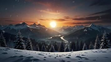 A serene winter landscape at dusk with snow-covered trees in the foreground, a meandering river, majestic mountains, and a full moon above video