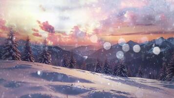 A serene winter landscape at dusk with snow-covered trees in the foreground, a meandering river, majestic mountains, and a full moon above video